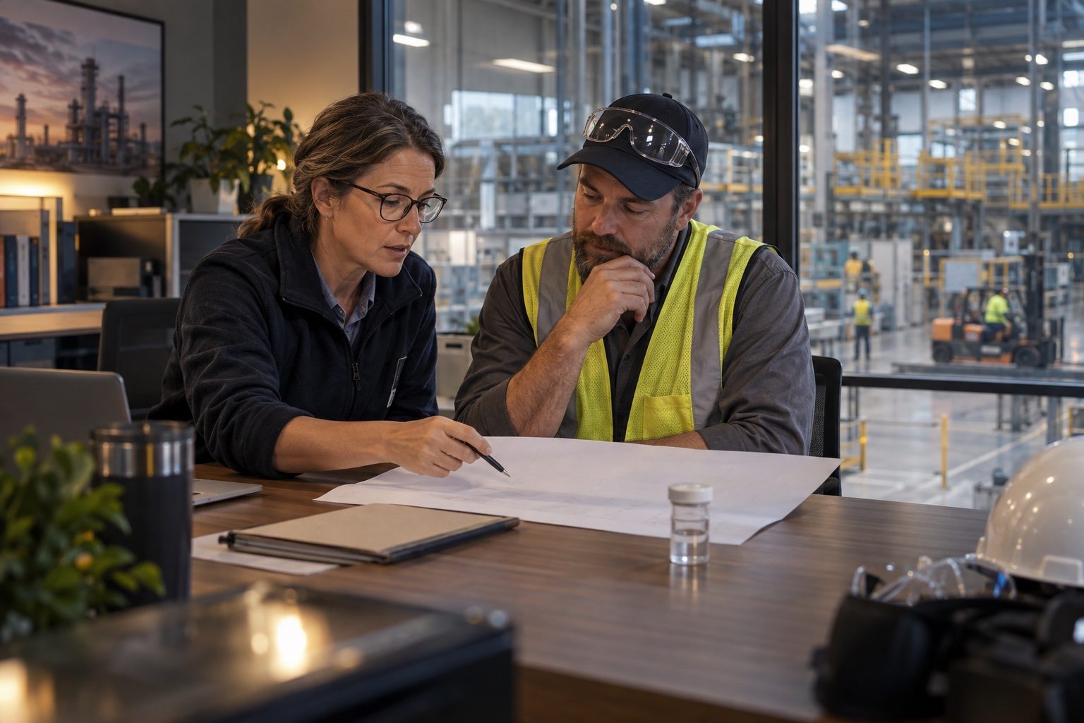 A safety lead reviewing a contractor's programs at a desk