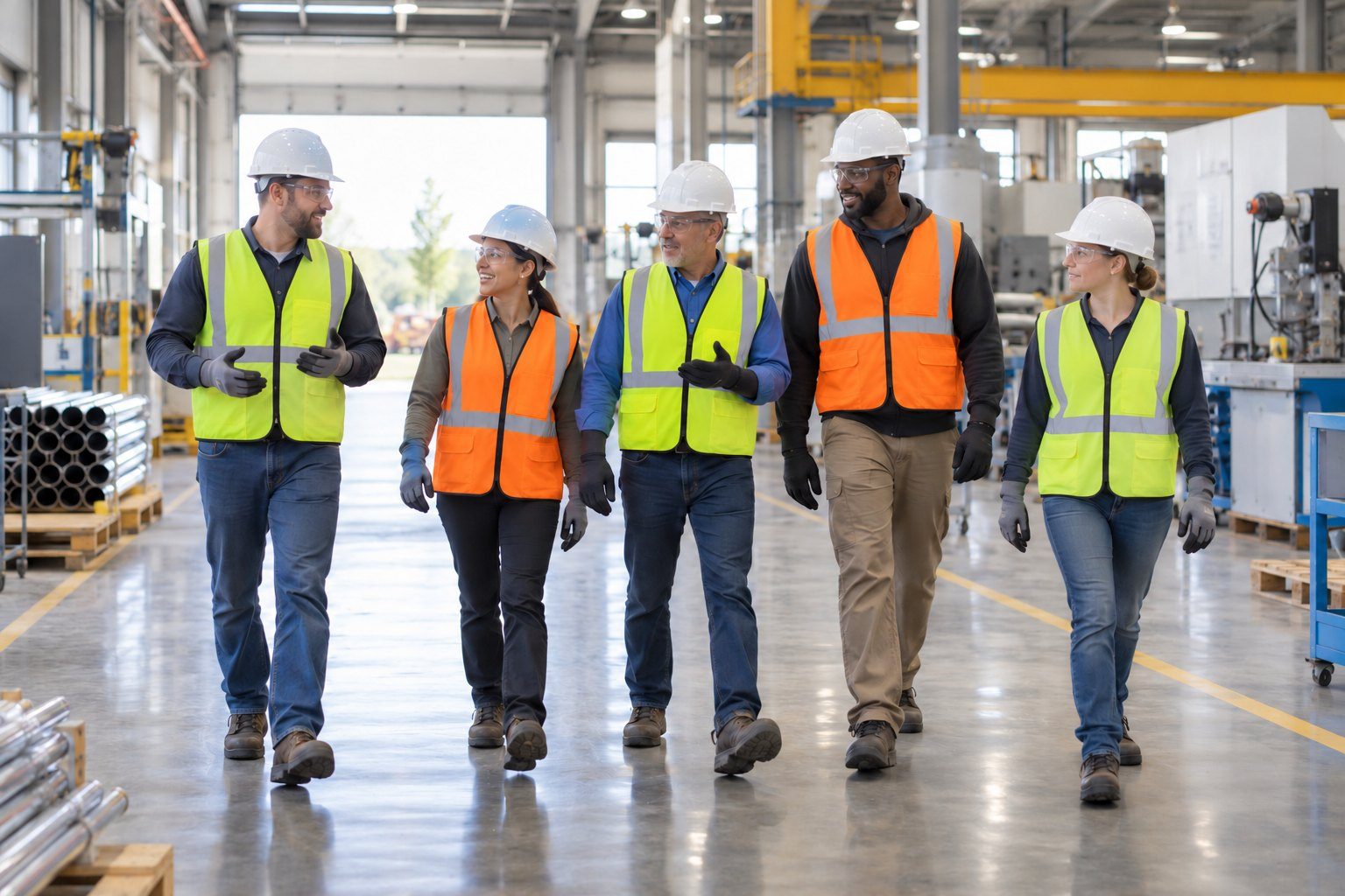 A contractor crew in hard hats and high-visibility vests walking through a plant