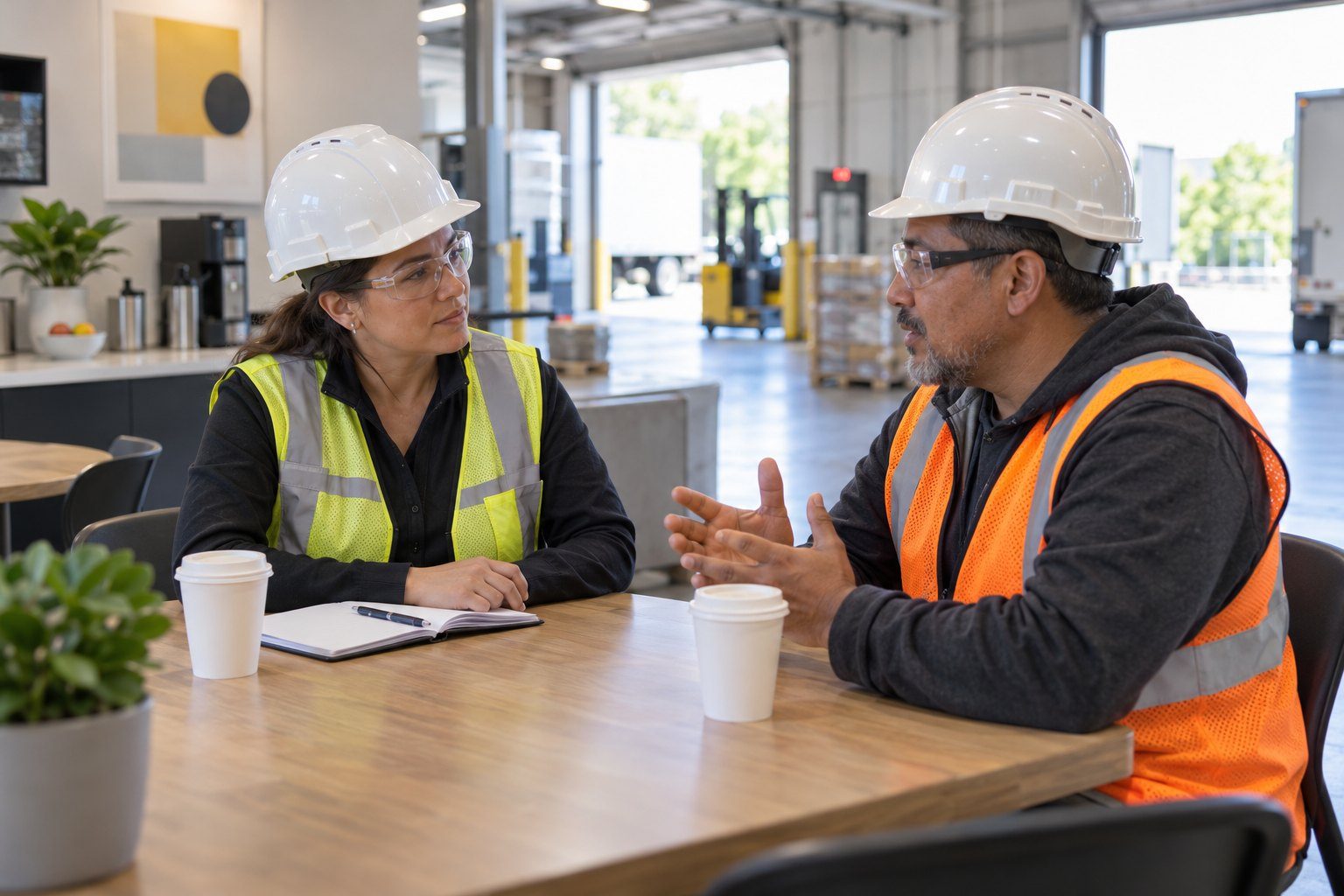 Two crew members reviewing a program together at a table on site