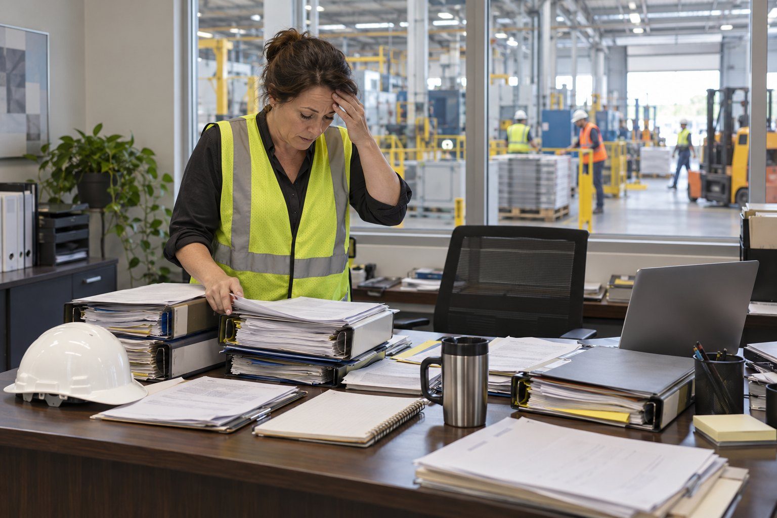 A safety lead buried in binders and paperwork at a desk