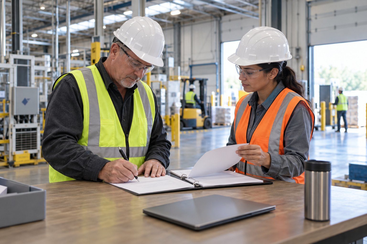 A contractor and a safety reviewer going over programs on a laptop