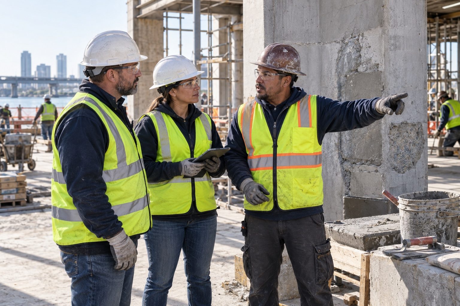 A crew walking a site together while a lead points out a requirement